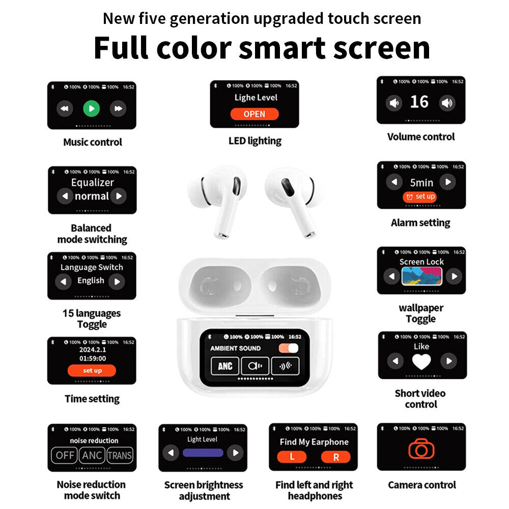 Touch Screen ANC Wireless Headset TWS Noise Cancelling Earbud Bluetooth Headphone 5.3 Long Battery life